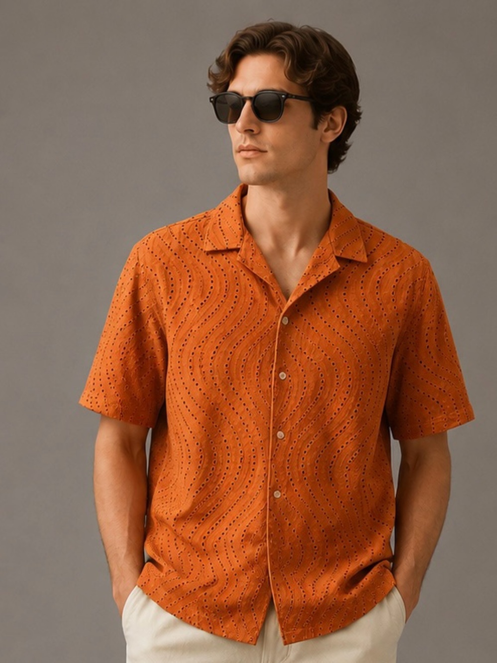 ASOS Orange Eyelet Short Sleeve Button-Down Shirt